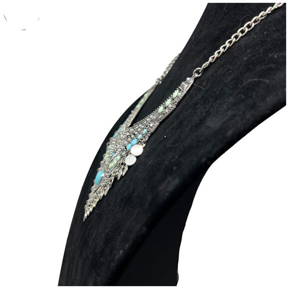 Bohemian Statement Bib Necklace Silver Turquoise Mint Tribal Coin Festival 22.5" - Picture 4 of 5